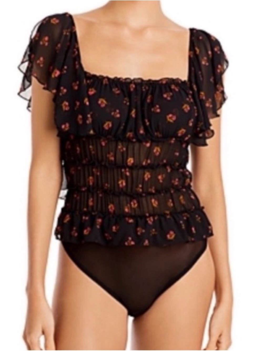 Free People Black Floral Smocked Bodysuit